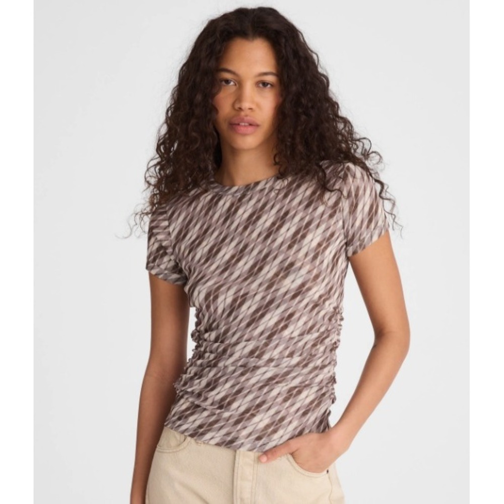 Madewell Top Womens Small Ruched Cap-Sleeve Tee Spiced Brown Plaid Mesh NZ395